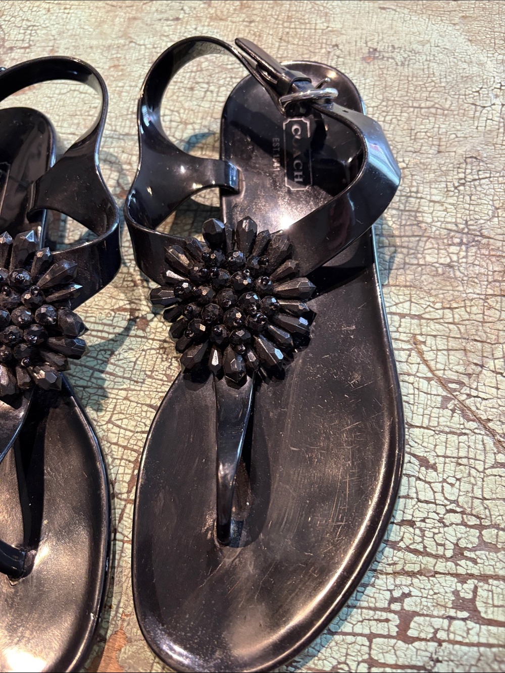 Coach Hilda Jelly Thong Sandals Black Floral Gemmed Size 7B - Picture 3 of 6